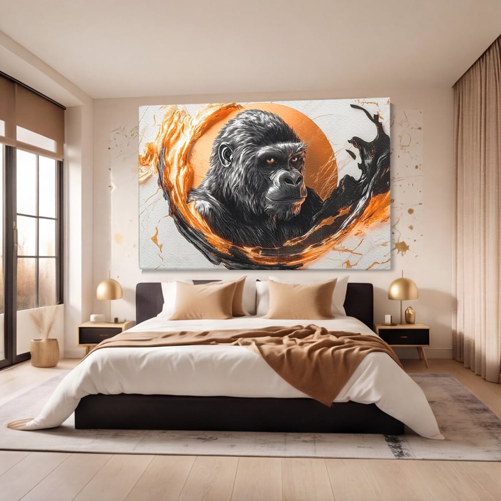 Tablou canvas cu tablou canvas cu gorila si cerc de foc, fara rama, pe sasiu de lemn, pe perete intr-un dormitor
