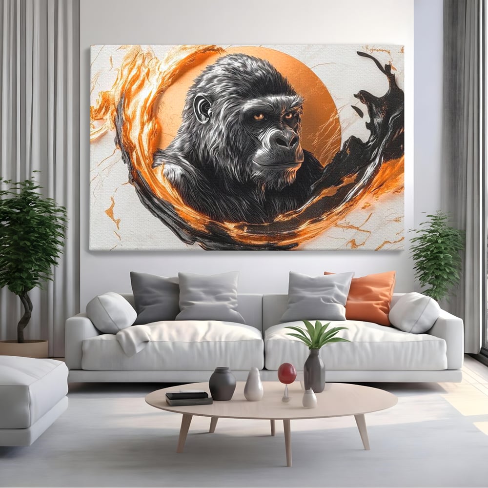 Tablou canvas cu tablou canvas cu gorila si cerc de foc, fara rama, pe sasiu de lemn, pe perete intr-un living