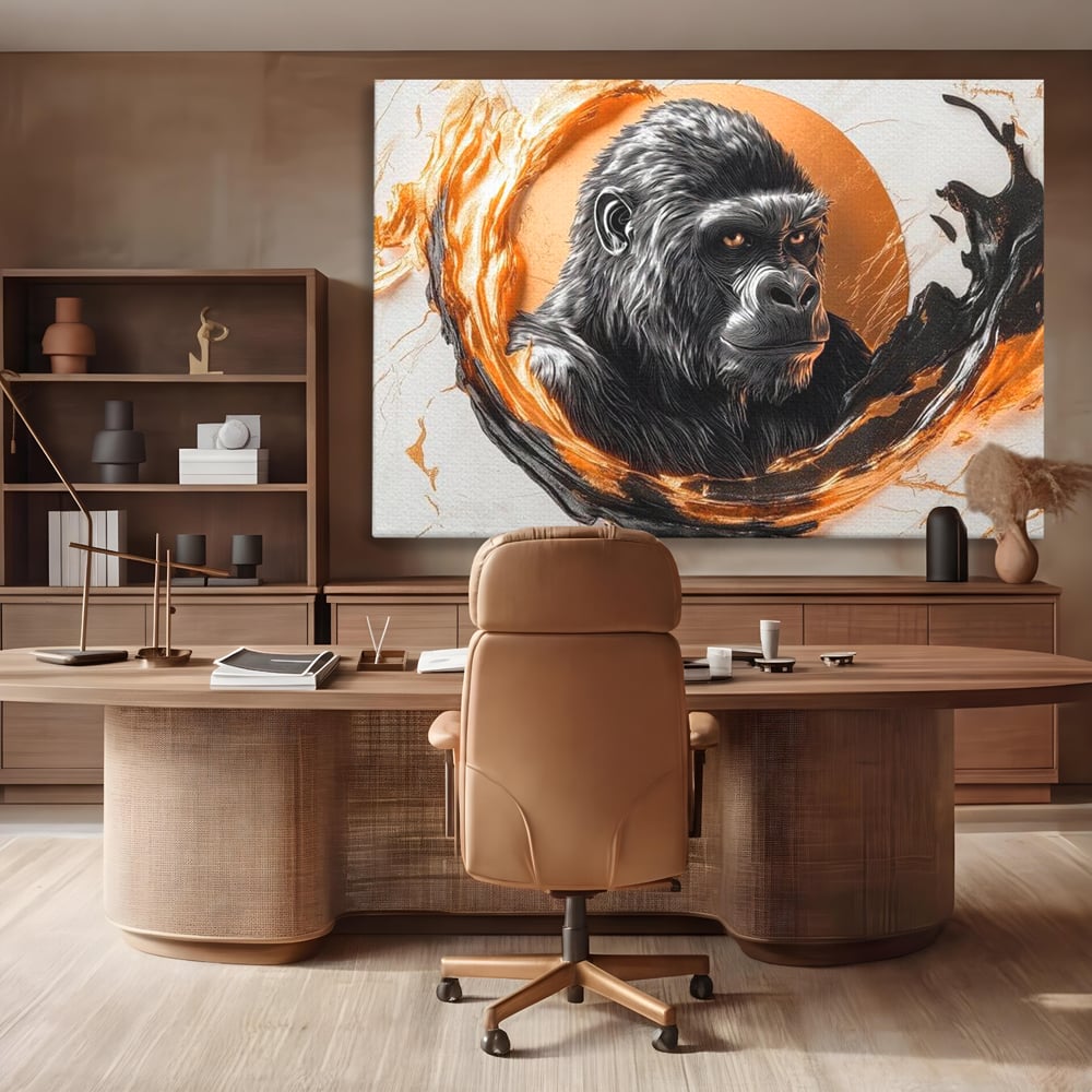 Tablou canvas cu tablou canvas cu gorila si cerc de foc, fara rama, pe sasiu de lemn, pe perete intr-un birou