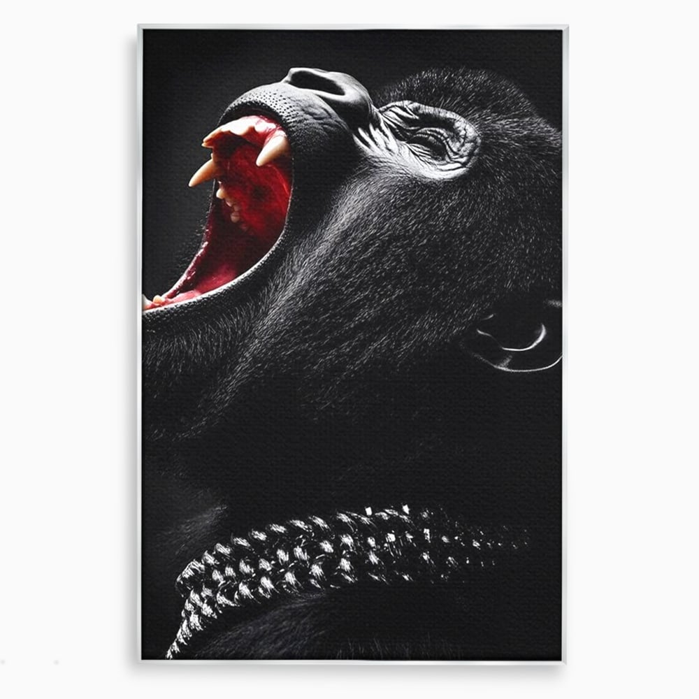 Tablou canvas cu tablou canvas cu gorila furioasa, in rama de aluminiu argintiu