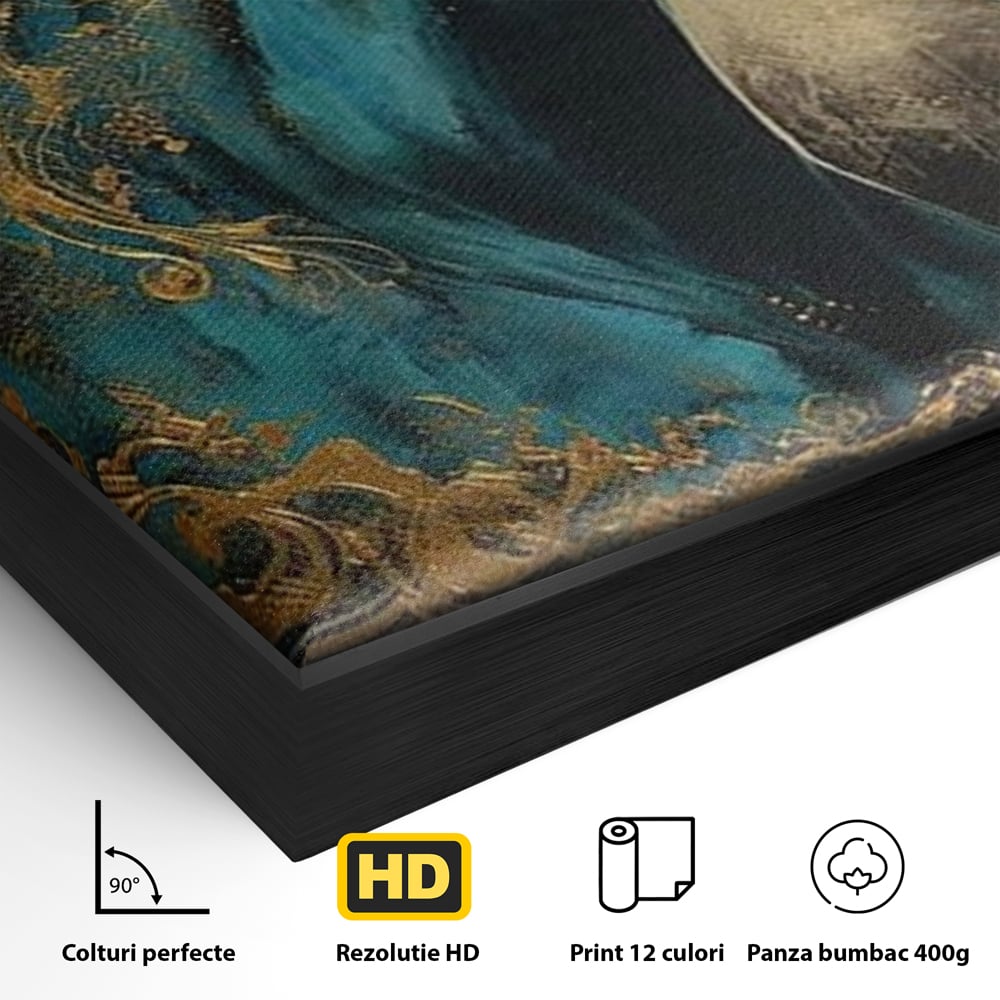 Detaliu al suprafetei: tablou canvas cu cal albastru si auriu, in rama de aluminiu negru