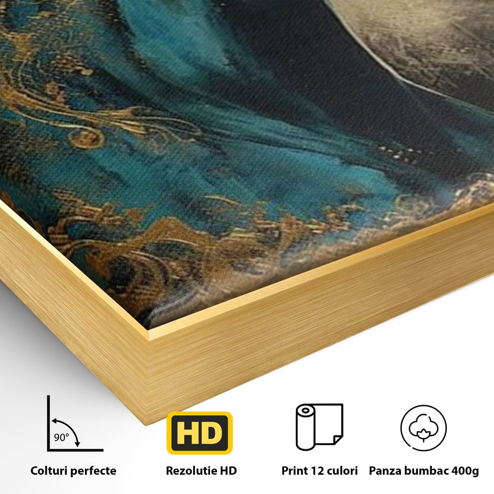 Detaliu al suprafetei: tablou canvas cu cal albastru si auriu, in rama de aluminiu auriu