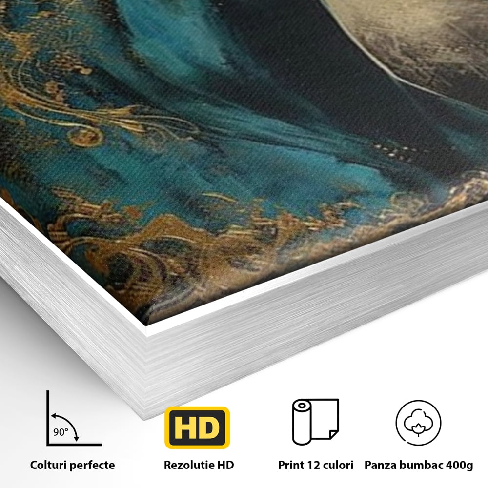 Detaliu al suprafetei: tablou canvas cu cal albastru si auriu, in rama de aluminiu argintiu
