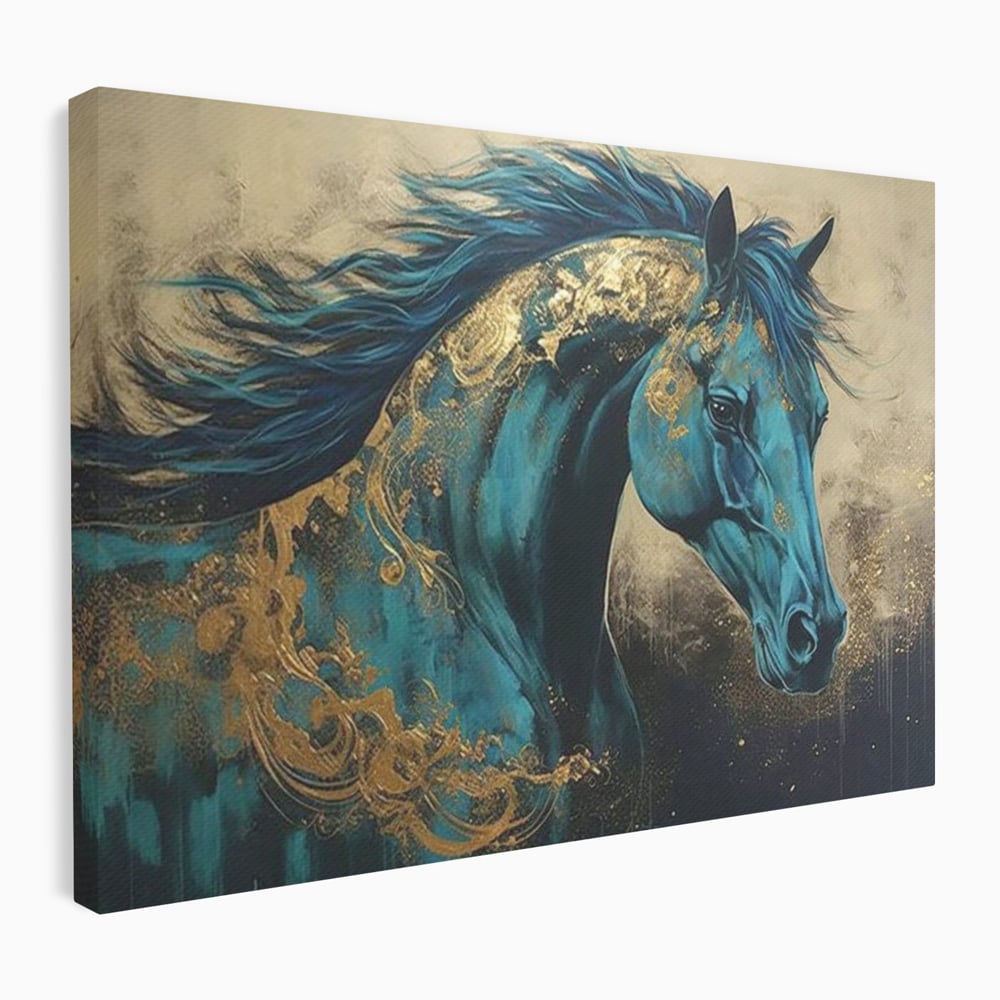Tablou canvas cu tablou canvas cu cal albastru si auriu, fara rama, pe sasiu de lemn