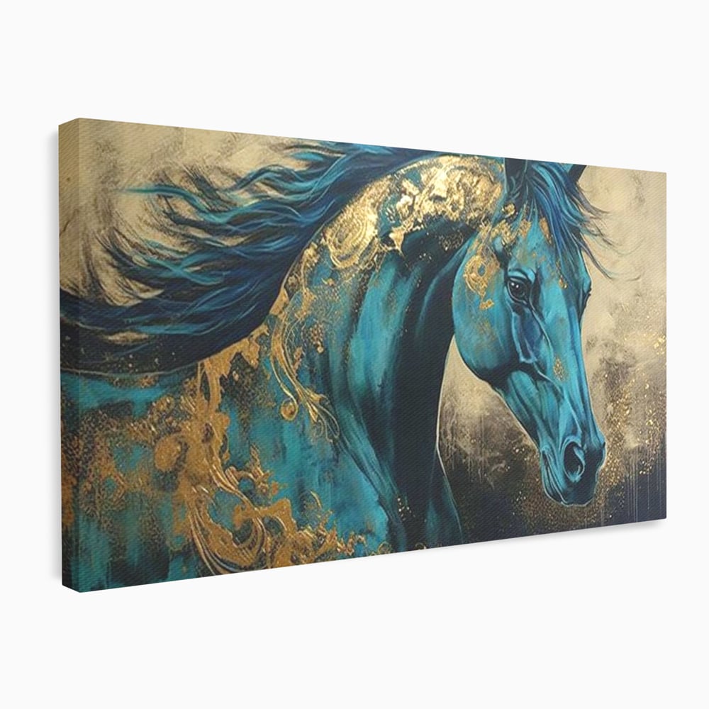 Tablou canvas cu tablou canvas cu cal albastru si auriu, fara rama, pe sasiu de lemn
