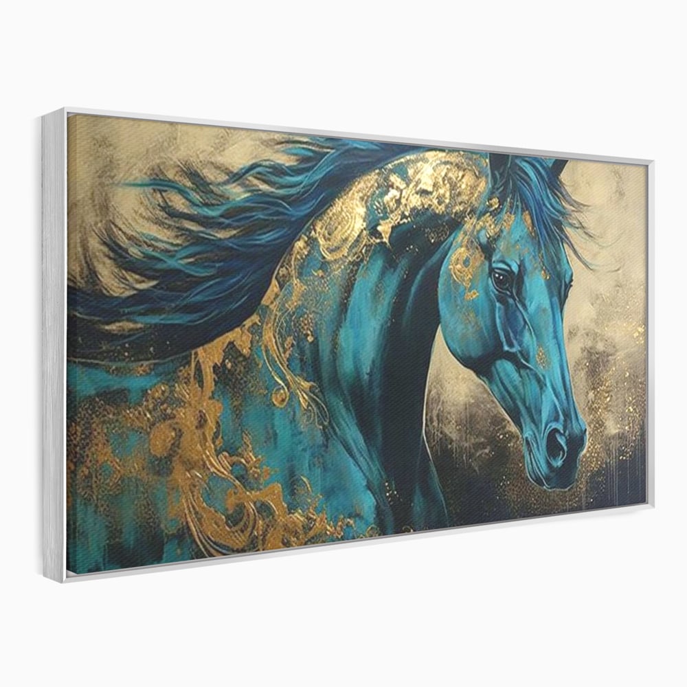 Tablou canvas cu tablou canvas cu cal albastru si auriu, in rama de aluminiu argintiu
