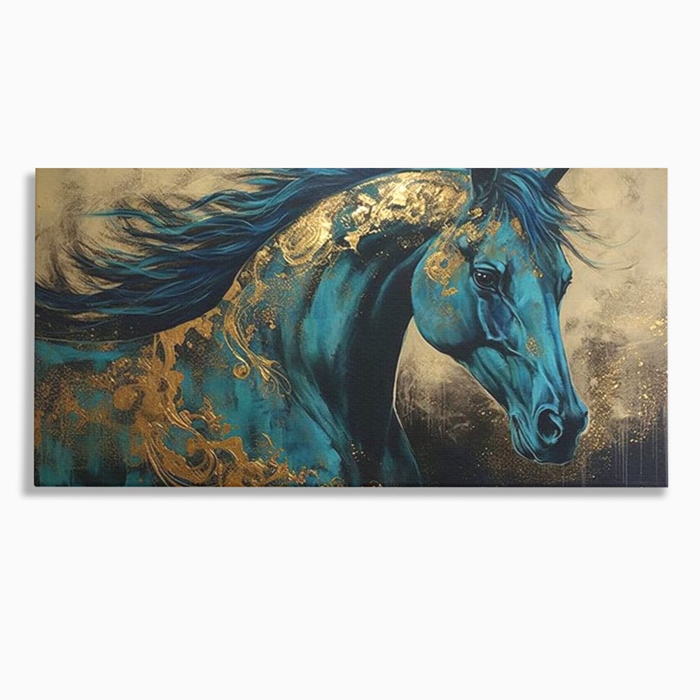Tablou canvas cu tablou canvas cu cal albastru si auriu, fara rama, pe sasiu de lemn