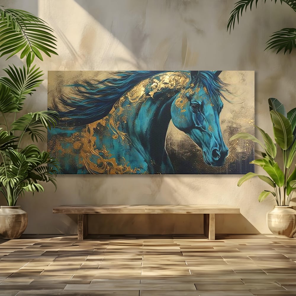 Tablou canvas cu tablou canvas cu cal albastru si auriu, fara rama, pe sasiu de lemn