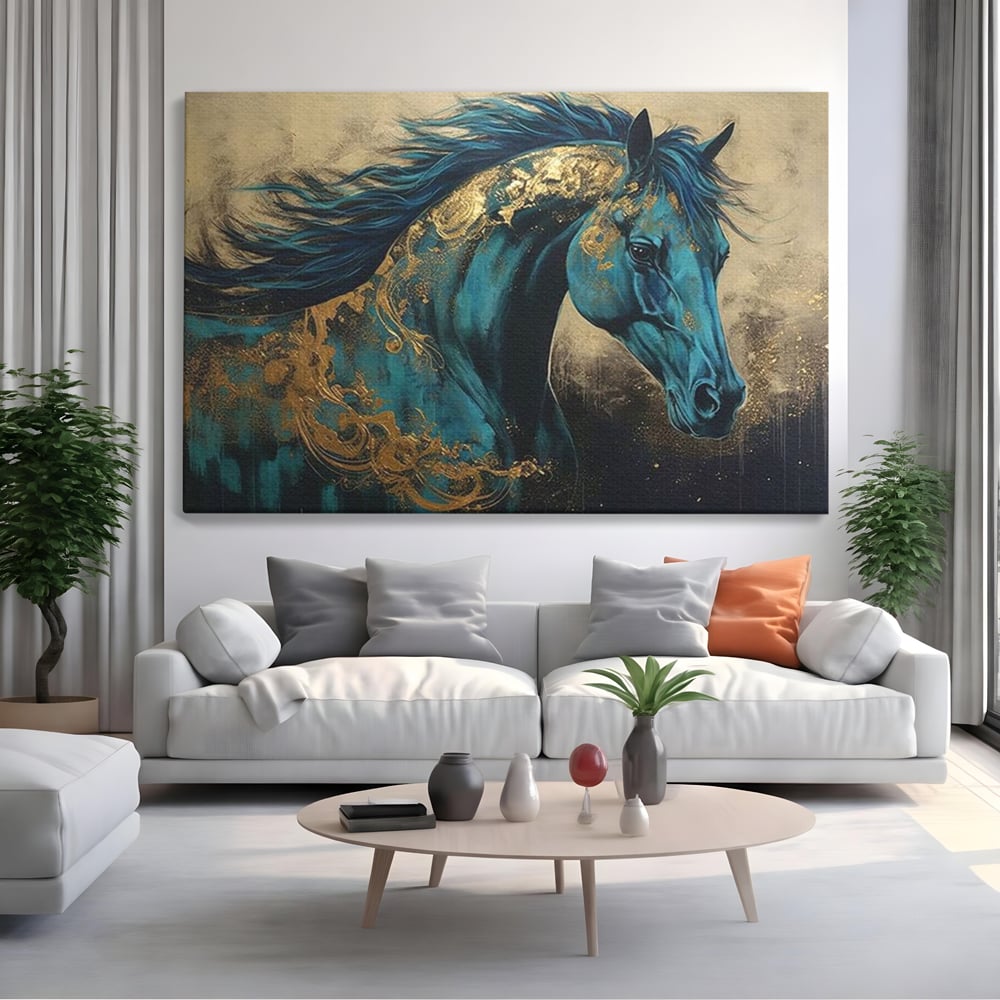 Tablou canvas cu tablou canvas cu cal albastru si auriu, fara rama, pe sasiu de lemn, pe perete intr-un living