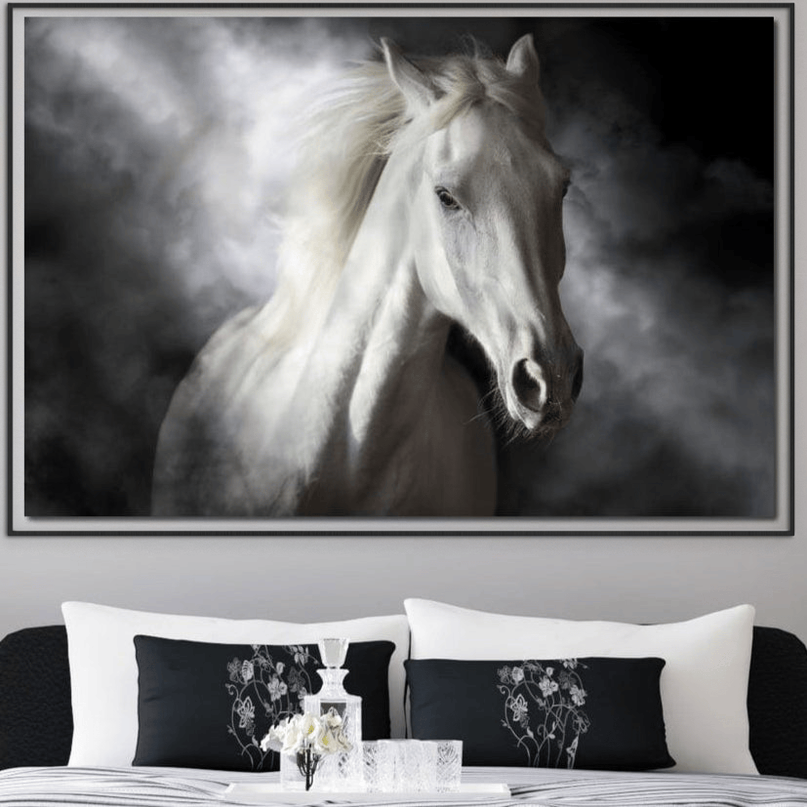 Tablou Canvas Premium, LuxCanva® M1336, Galop deasupra Norilor, Lumina, Nori, Puritate, Cal, Alb, Salbatic, Animal, Mister, Eleganta, Dramatic, Birou, Living, Camera Copil