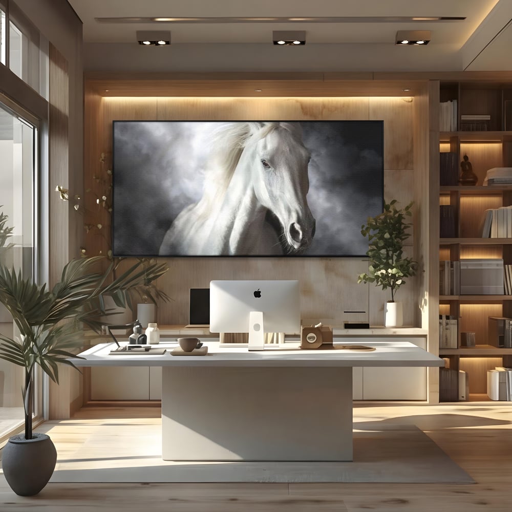 Tablou canvas cu tablou canvas cu un cal alb si nori, in rama de aluminiu negru, pe perete intr-un birou
