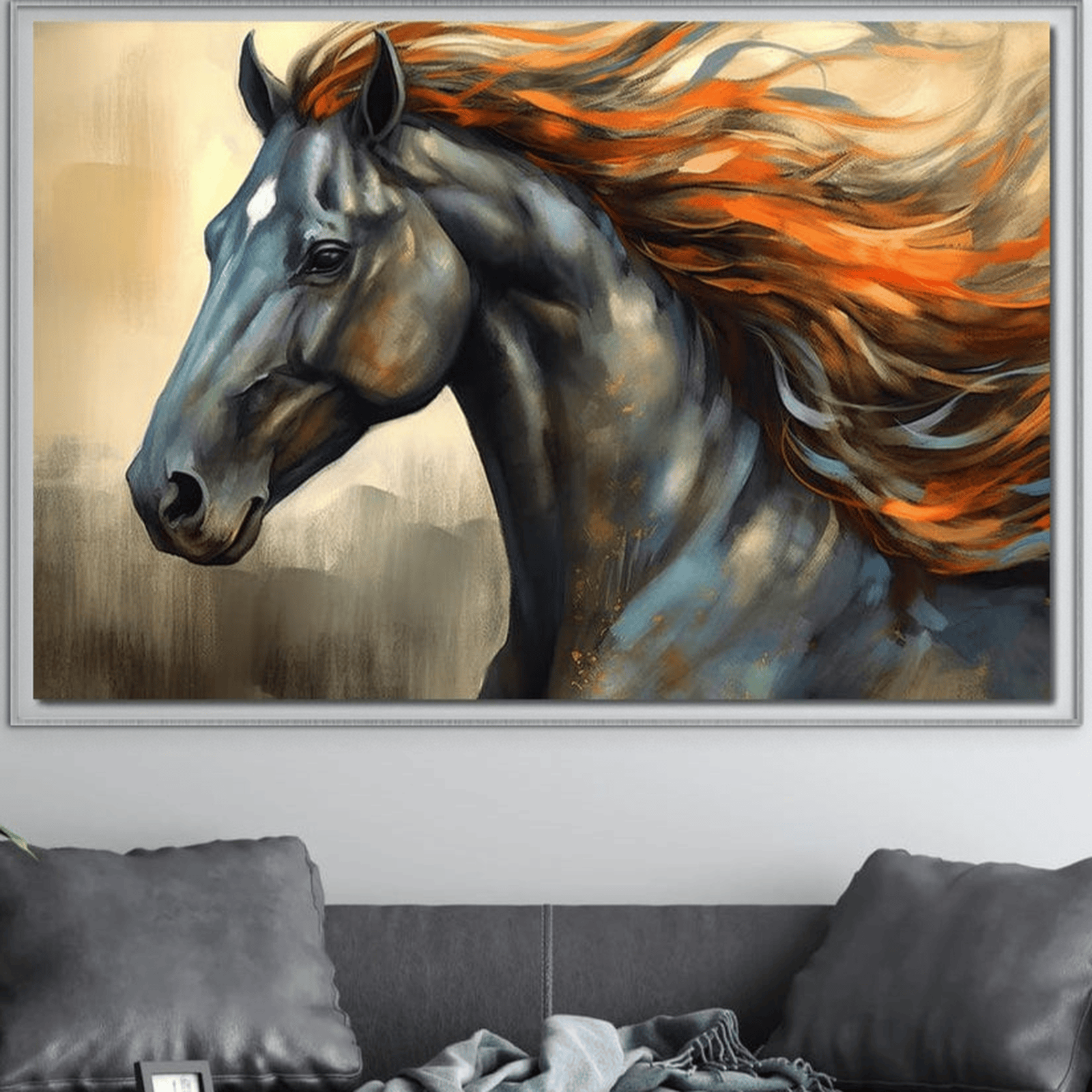 Tablou Canvas Premium, LuxCanva® M1337, Fiorul Noptii, Coama, Cal, Pictura, Negru, Flacari, Galop, Miscare, Gratios, Salbatic, Birou, Living, Camera Copil