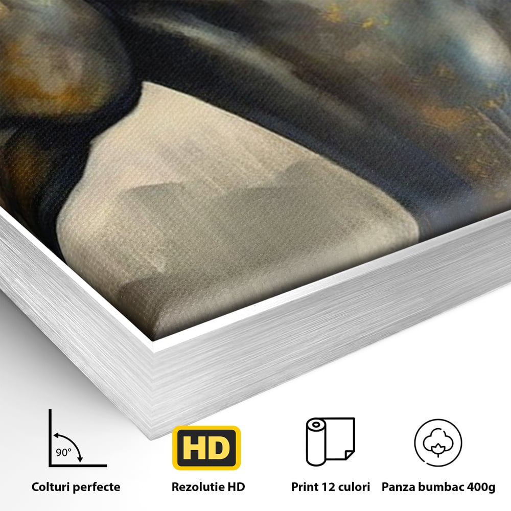 Detaliu al suprafetei: tablou canvas cu un cal negru, in rama de aluminiu argintiu