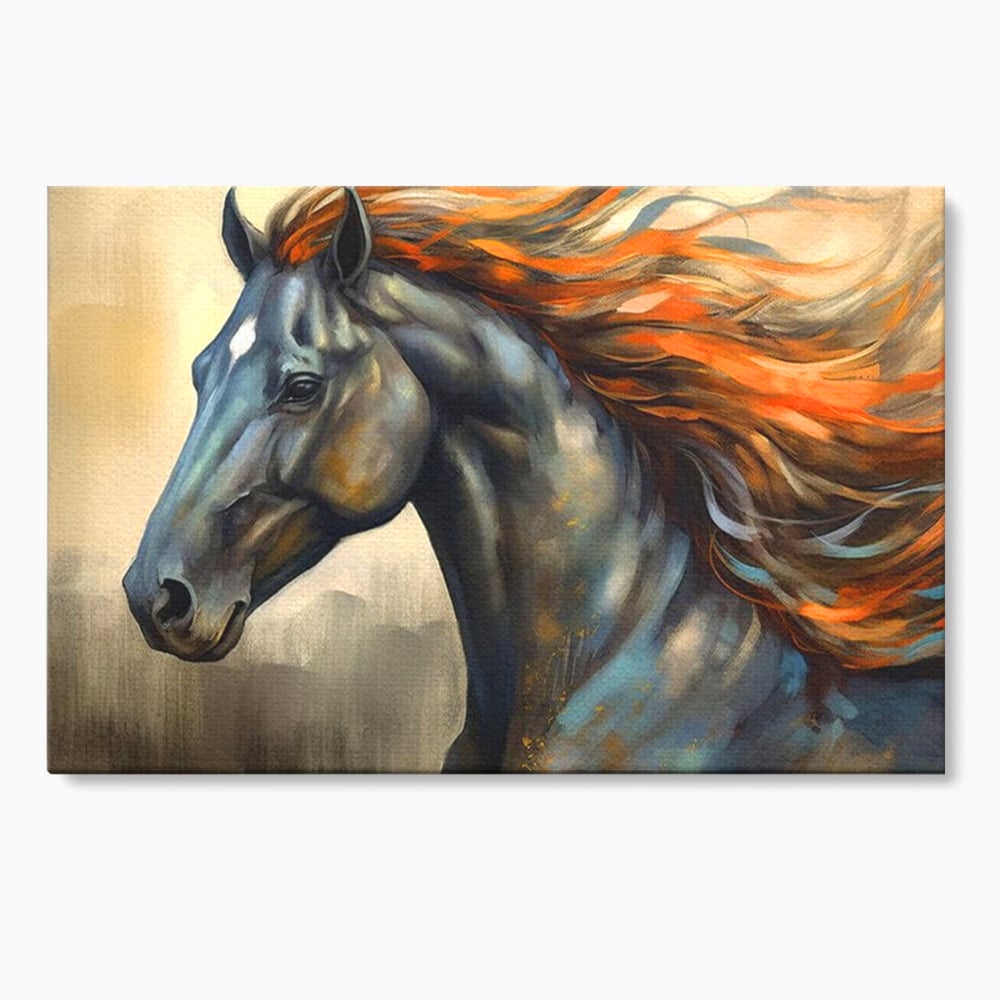 Tablou canvas cu tablou canvas cu un cal negru, fara rama, pe sasiu de lemn