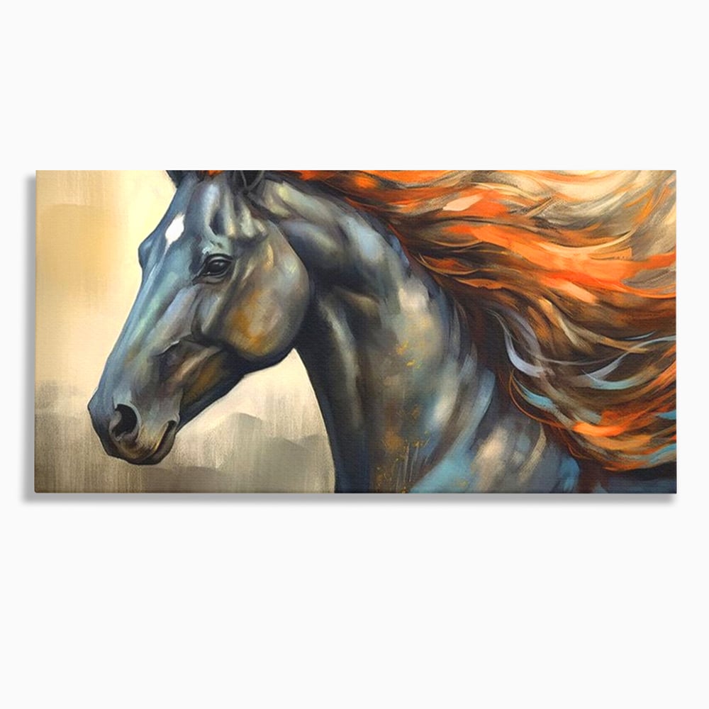 Tablou canvas cu tablou canvas cu un cal negru, fara rama, pe sasiu de lemn