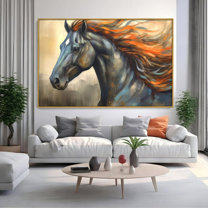 Tablou canvas cu tablou canvas cu un cal negru, in rama de aluminiu auriu, pe perete intr-un living