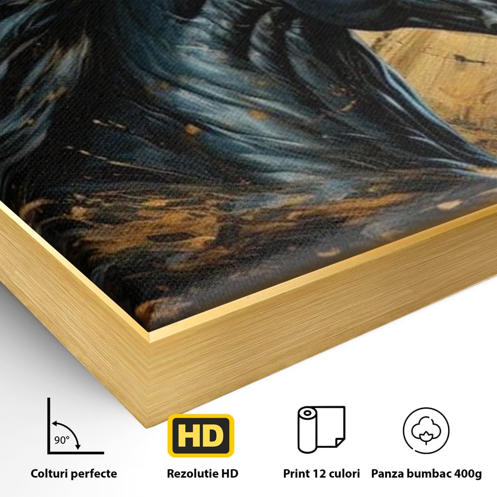 Detaliu al suprafetei: tablou canvas cu un cal negru si coama in vant, in rama de aluminiu auriu