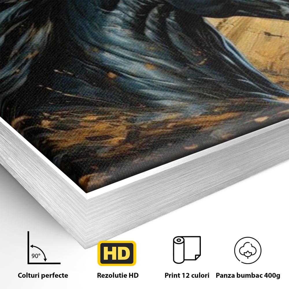 Detaliu al suprafetei: tablou canvas cu un cal negru si coama in vant, in rama de aluminiu argintiu