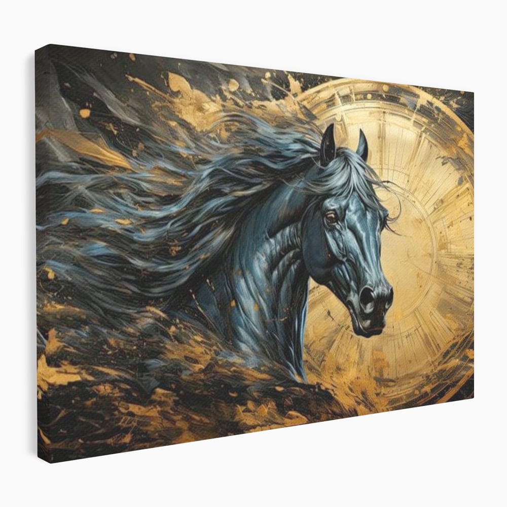 Tablou canvas cu tablou canvas cu un cal negru si coama in vant, fara rama, pe sasiu de lemn
