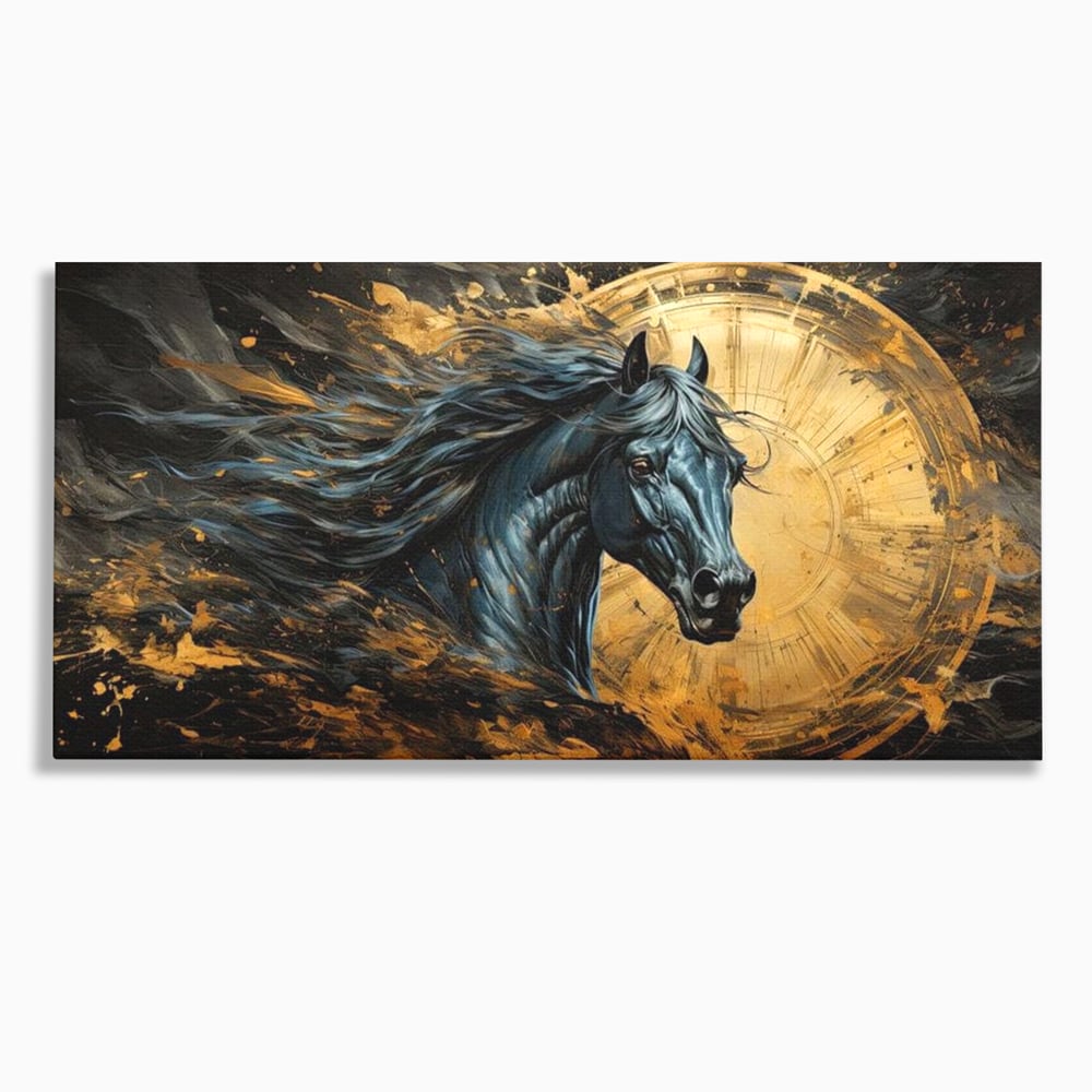Tablou canvas cu tablou canvas cu un cal negru si coama in vant, fara rama, pe sasiu de lemn