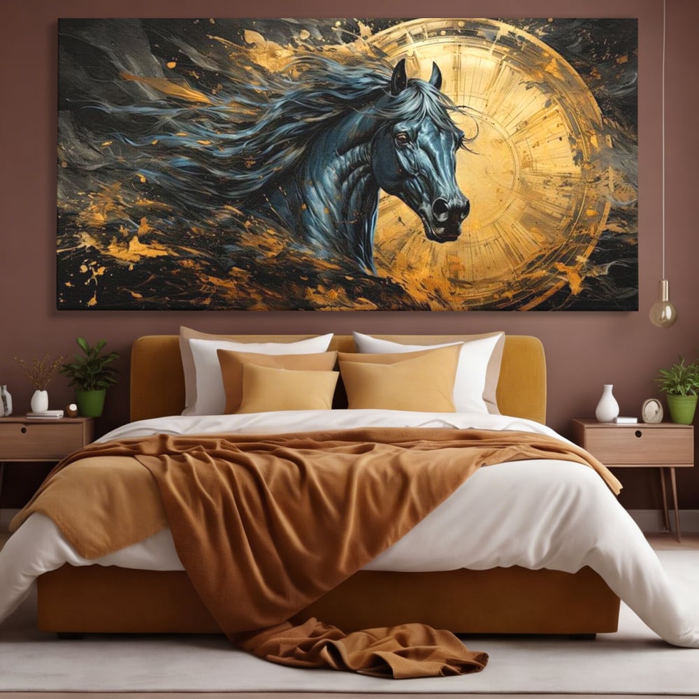 Tablou canvas cu tablou canvas cu un cal negru si coama in vant, fara rama, pe sasiu de lemn, pe perete intr-un dormitor