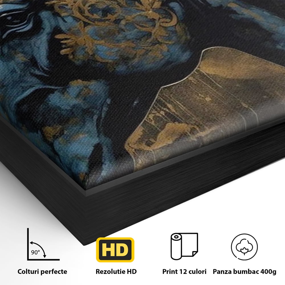 Detaliu al suprafetei: tablou canvas cu profil de cal, in rama de aluminiu negru