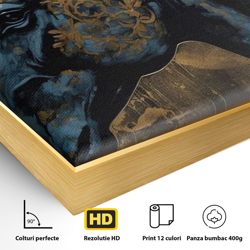 Detaliu al suprafetei: tablou canvas cu profil de cal, in rama de aluminiu auriu