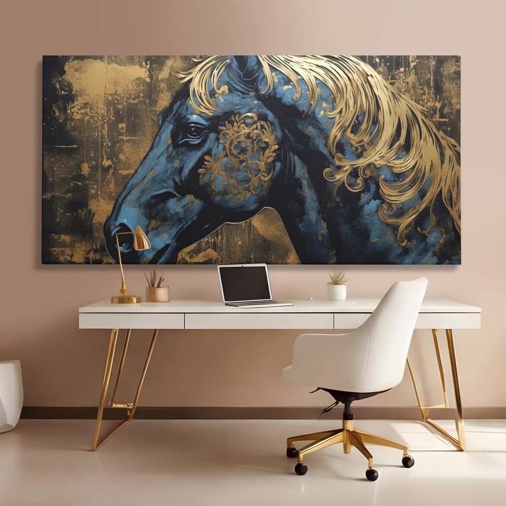 Tablou canvas cu tablou canvas cu profil de cal, fara rama, pe sasiu de lemn, pe perete intr-un birou