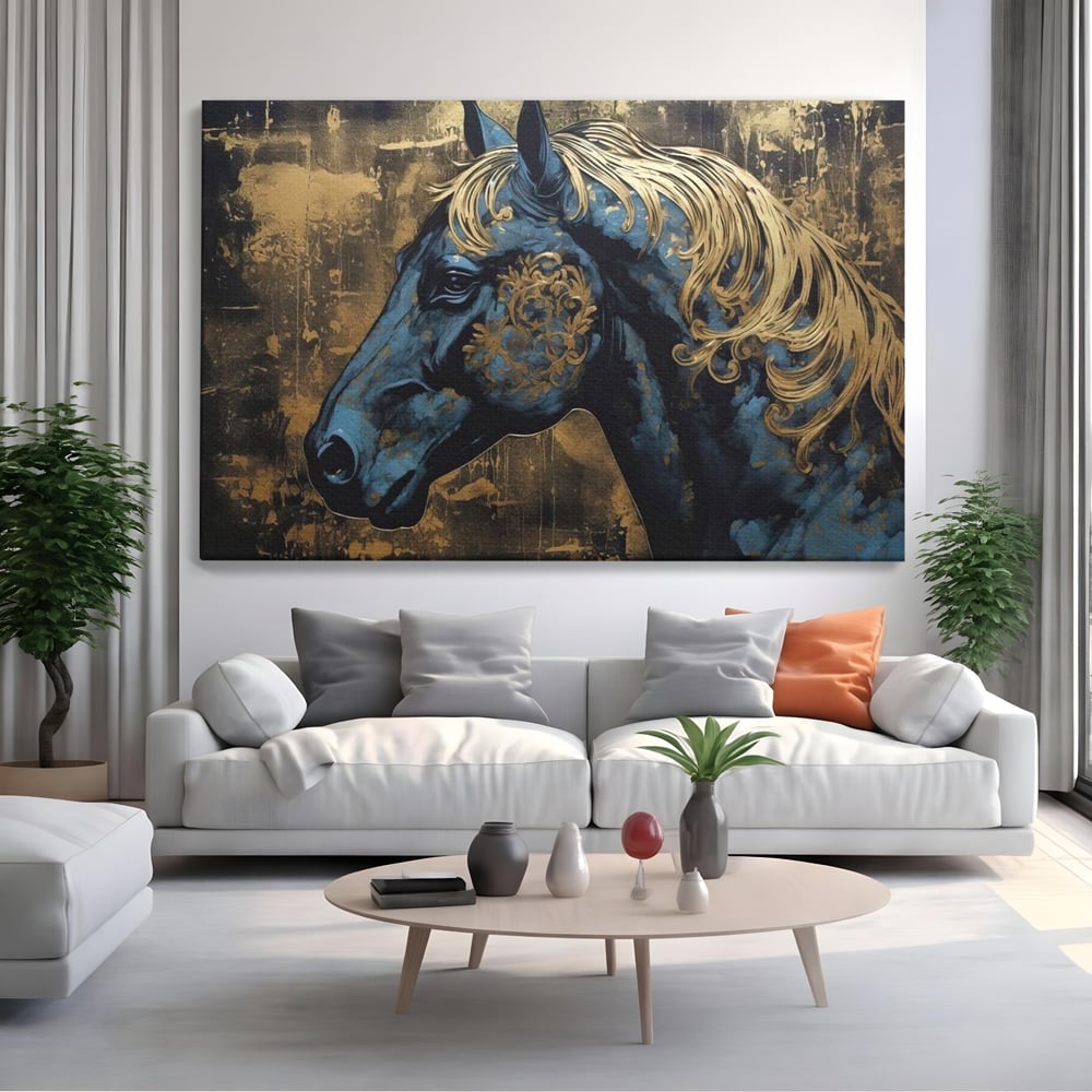 Tablou canvas cu tablou canvas cu profil de cal, fara rama, pe sasiu de lemn, pe perete intr-un living