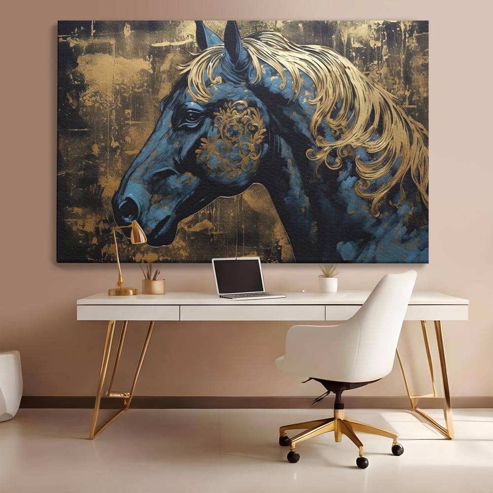 Tablou canvas cu tablou canvas cu profil de cal, fara rama, pe sasiu de lemn, pe perete intr-un birou