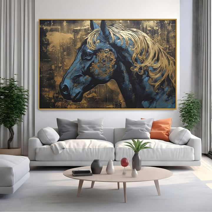 Tablou canvas cu tablou canvas cu profil de cal, in rama de aluminiu auriu, pe perete intr-un living