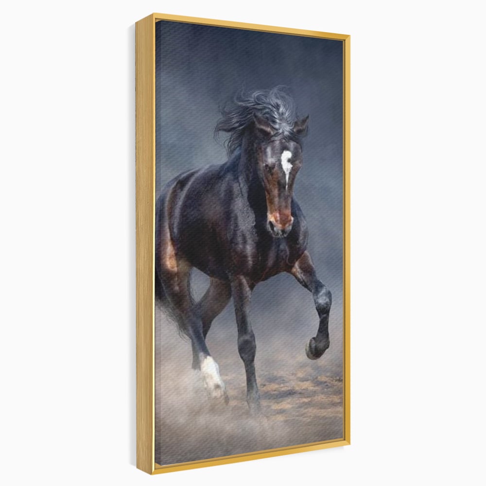 Tablou canvas cu tablou canvas cu cal negru in galop, in rama de aluminiu auriu