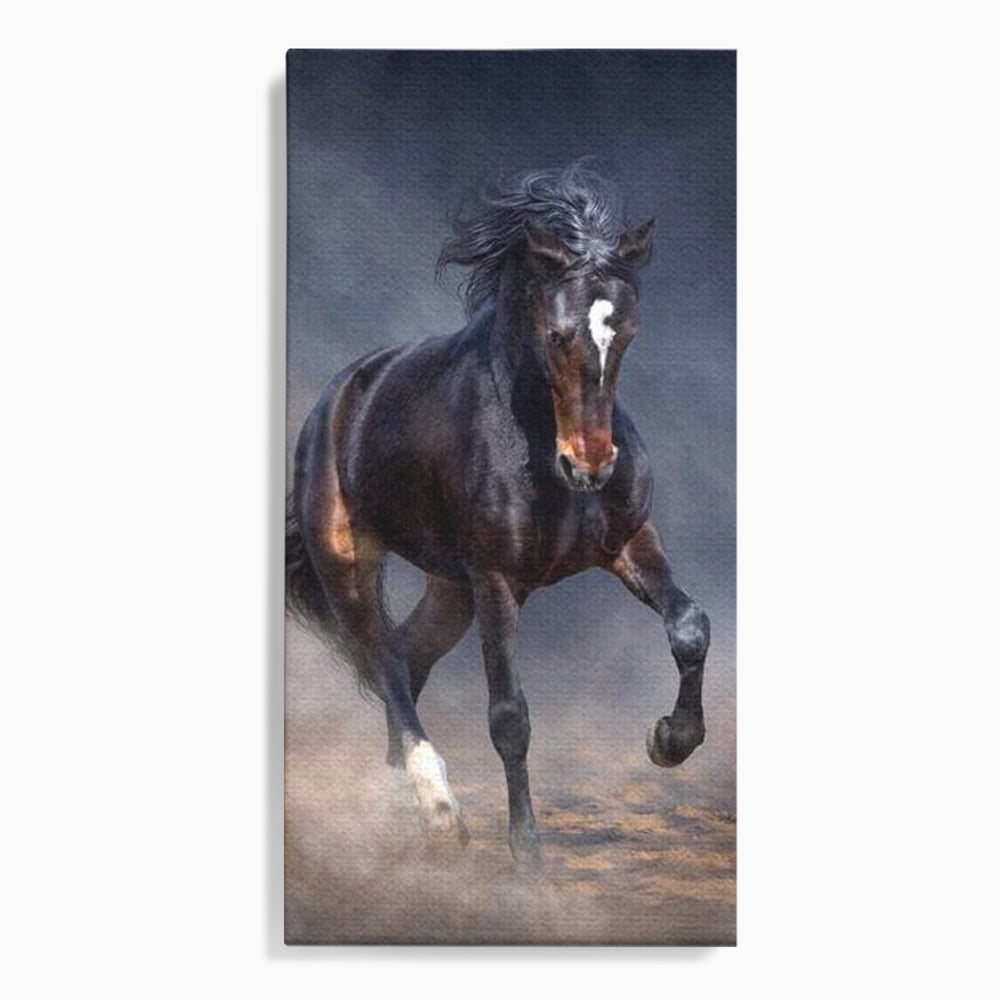 Tablou canvas cu tablou canvas cu cal negru in galop, fara rama, pe sasiu de lemn