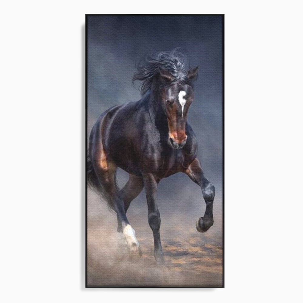 Tablou canvas cu tablou canvas cu cal negru in galop, in rama de aluminiu negru
