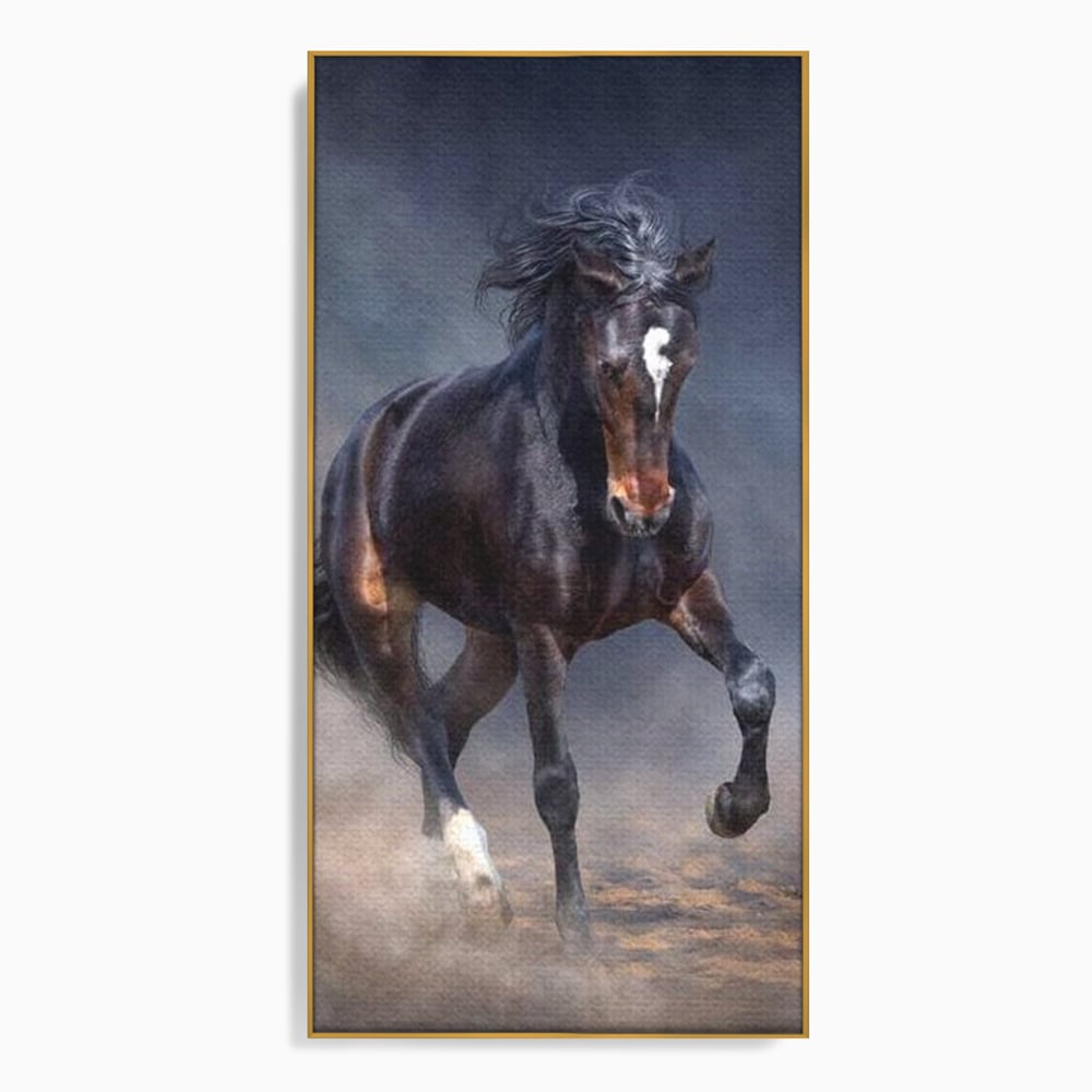 Tablou canvas cu tablou canvas cu cal negru in galop, in rama de aluminiu auriu
