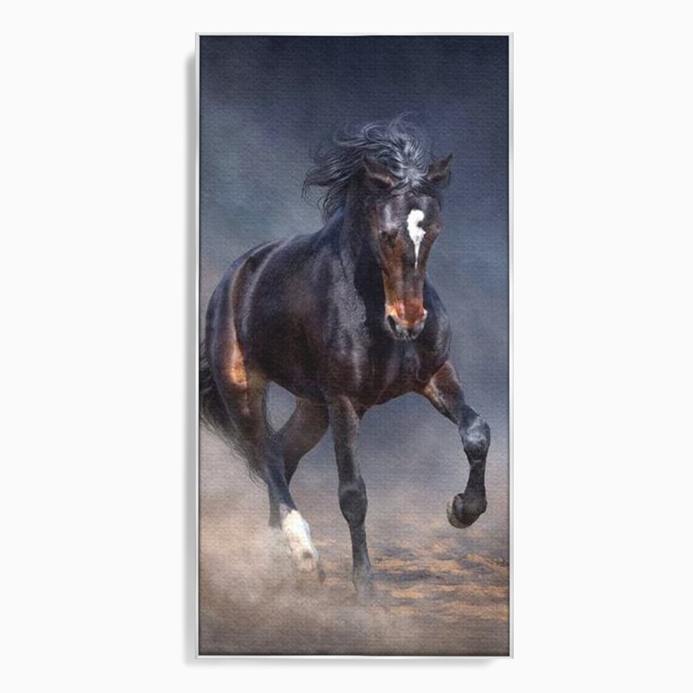 Tablou canvas cu tablou canvas cu cal negru in galop, in rama de aluminiu argintiu