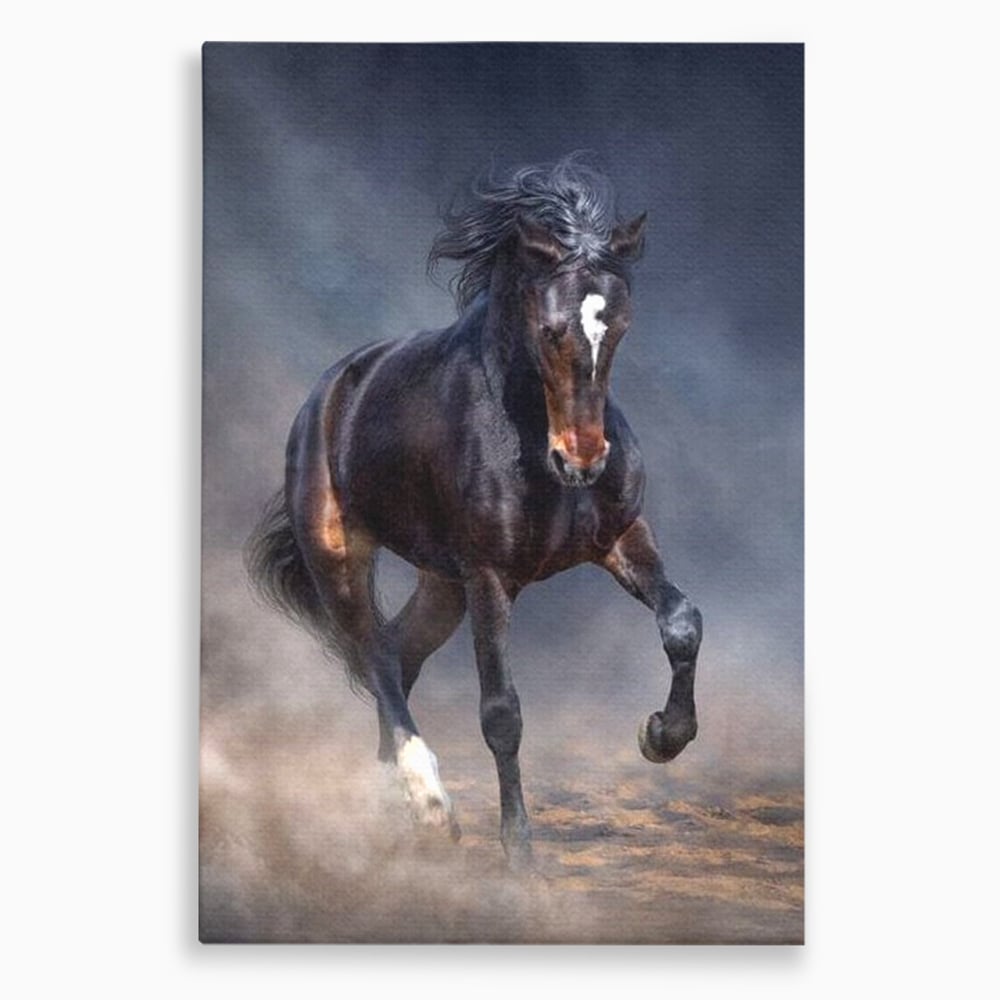 Tablou canvas cu tablou canvas cu cal negru in galop, fara rama, pe sasiu de lemn