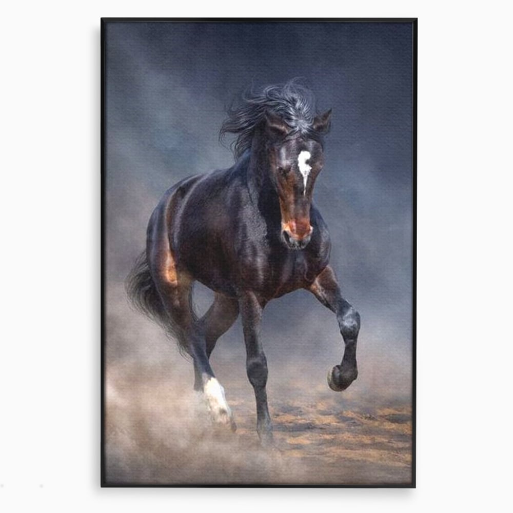 Tablou canvas cu tablou canvas cu cal negru in galop, in rama de aluminiu negru