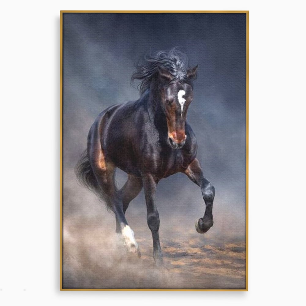 Tablou canvas cu tablou canvas cu cal negru in galop, in rama de aluminiu auriu