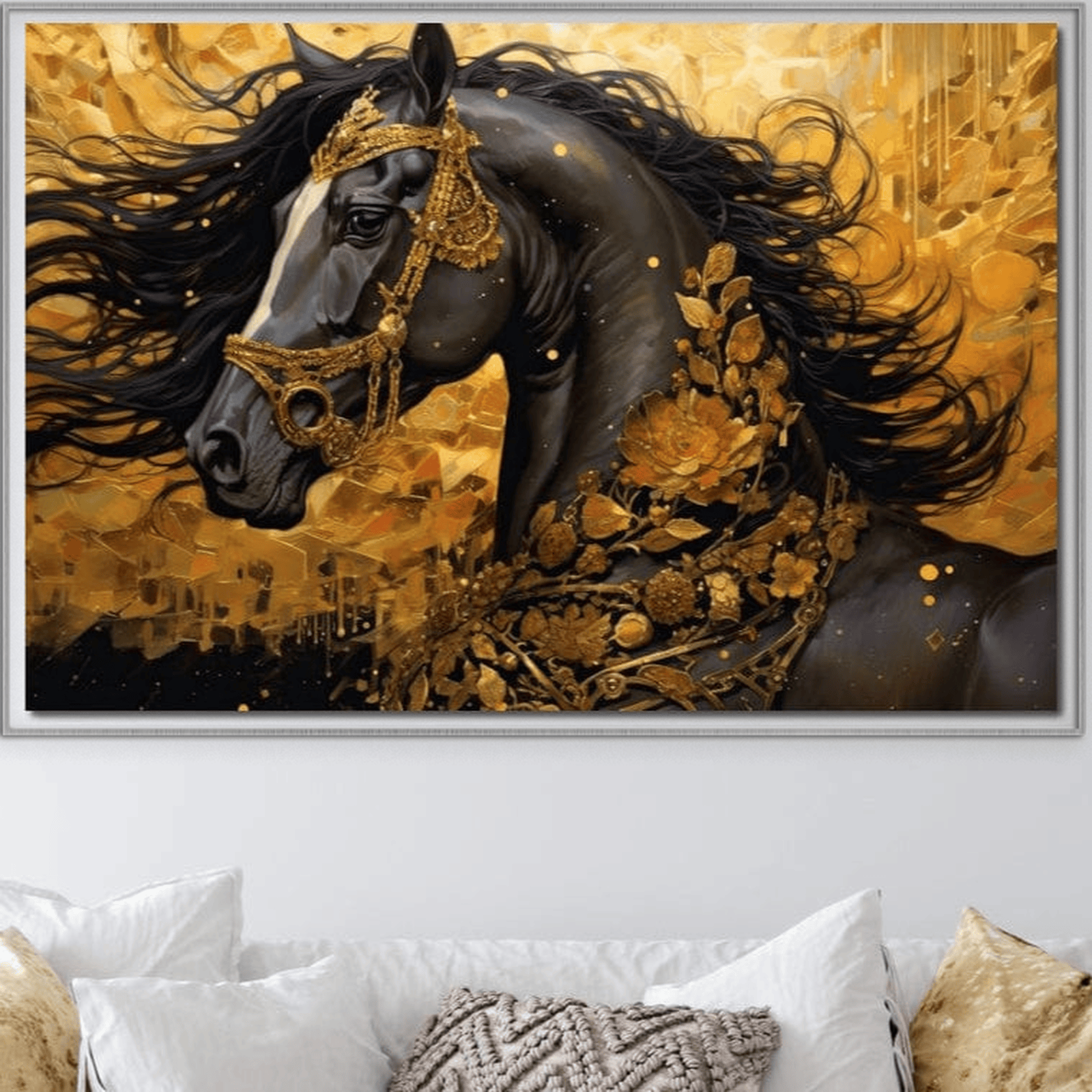 Tablou Canvas Premium, LuxCanva® M1341, Legamantul de Aur, Lux, Bijuterii, Auriu, Maretie, Stralucire, Pictura, Coama, Cal, Vant, Nobil, Abstract, Birou, Living, Camera Copil