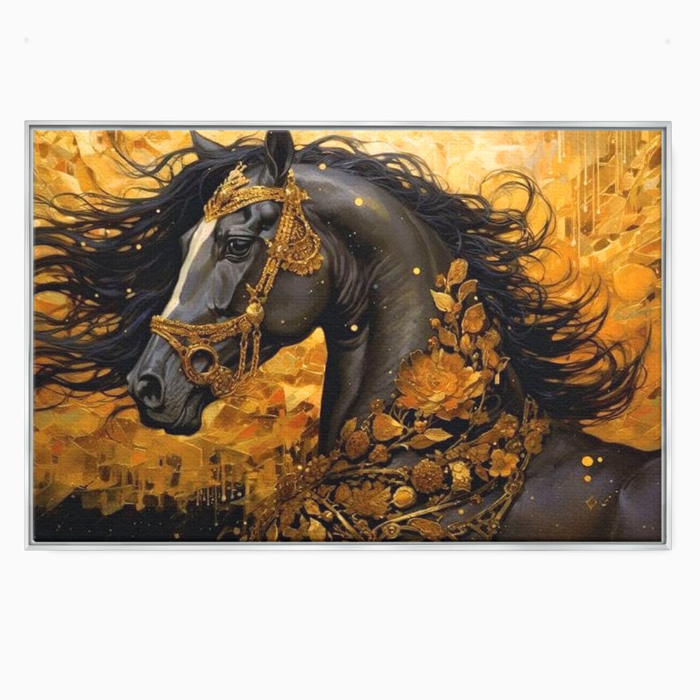 Tablou canvas cu tablou canvas cu armasar negru si ornamente aurii, in rama de aluminiu argintiu