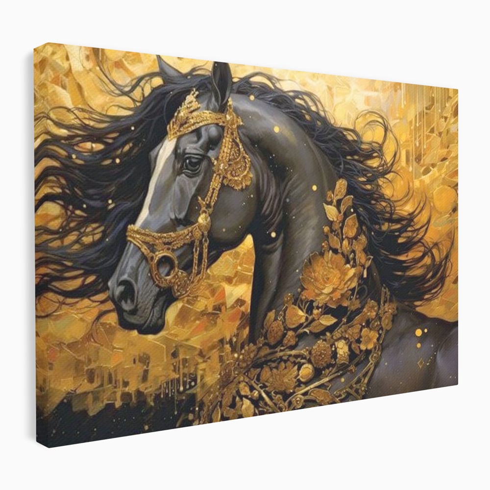 Tablou canvas cu tablou canvas cu armasar negru si ornamente aurii, fara rama, pe sasiu de lemn