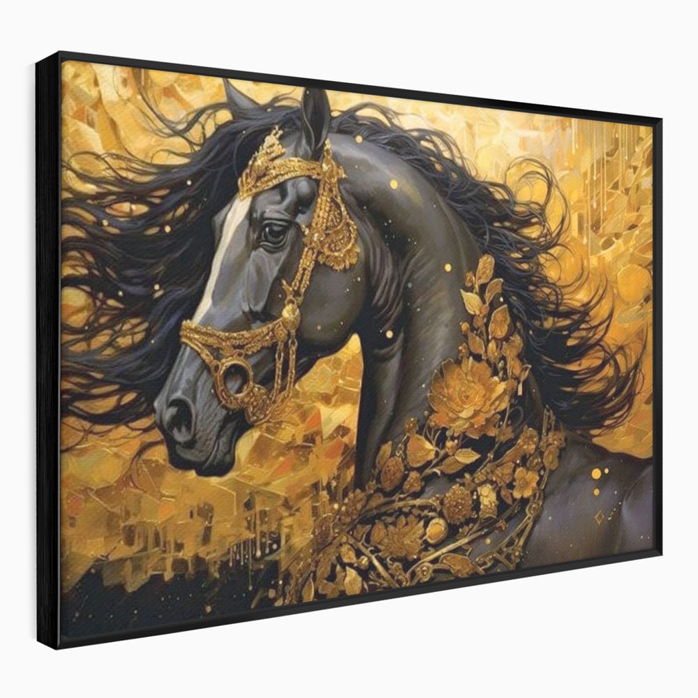 Tablou canvas cu tablou canvas cu armasar negru si ornamente aurii, in rama de aluminiu negru