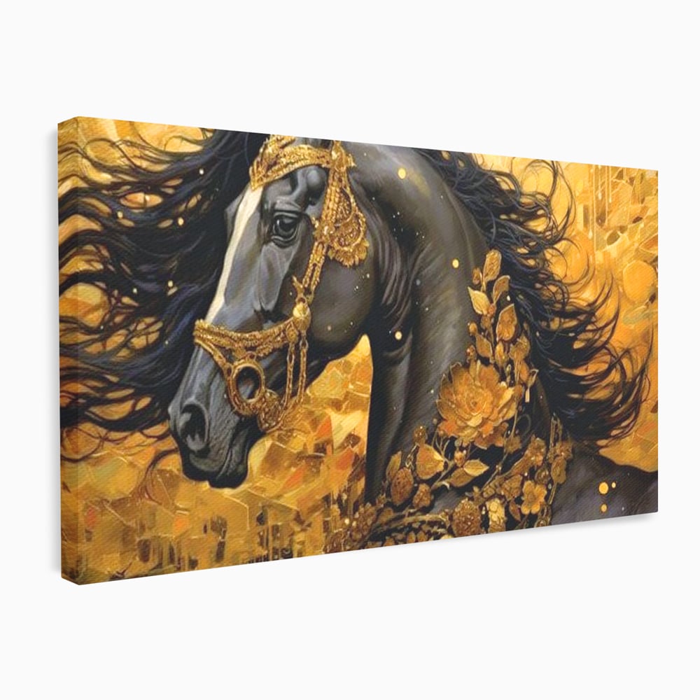 Tablou canvas cu tablou canvas cu armasar negru si ornamente aurii, fara rama, pe sasiu de lemn
