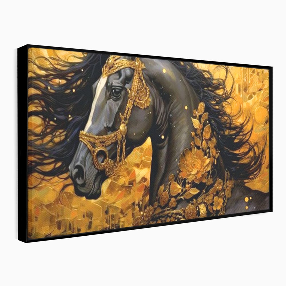 Tablou canvas cu tablou canvas cu armasar negru si ornamente aurii, in rama de aluminiu negru