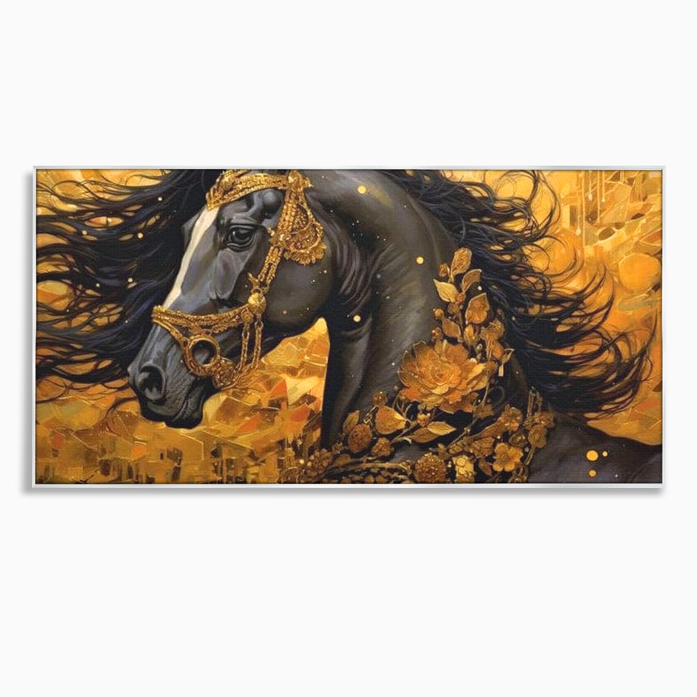 Tablou canvas cu tablou canvas cu armasar negru si ornamente aurii, in rama de aluminiu argintiu
