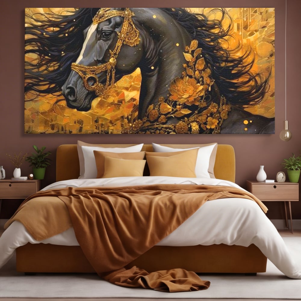 Tablou Canvas cu Armasar Negru si Ornamente Aurii, Negru Intens si Auriu Cald, M1341