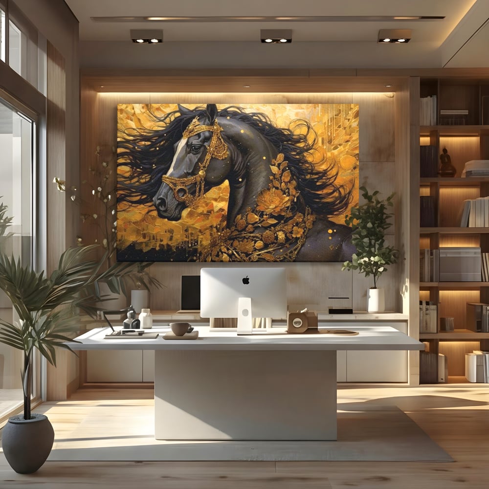 Tablou Canvas cu Armasar Negru si Ornamente Aurii, Negru Intens si Auriu Cald, M1341