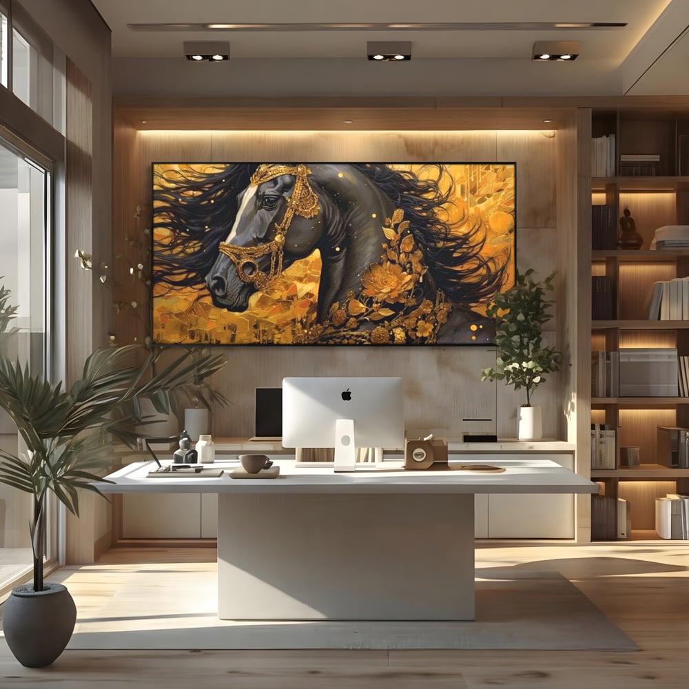 Tablou Canvas cu Armasar Negru si Ornamente Aurii, Negru Intens si Auriu Cald, M1341