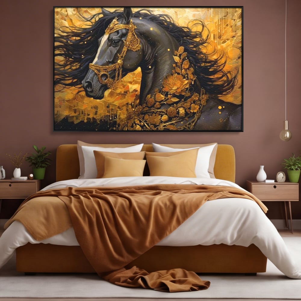 Tablou Canvas cu Armasar Negru si Ornamente Aurii, Negru Intens si Auriu Cald, M1341